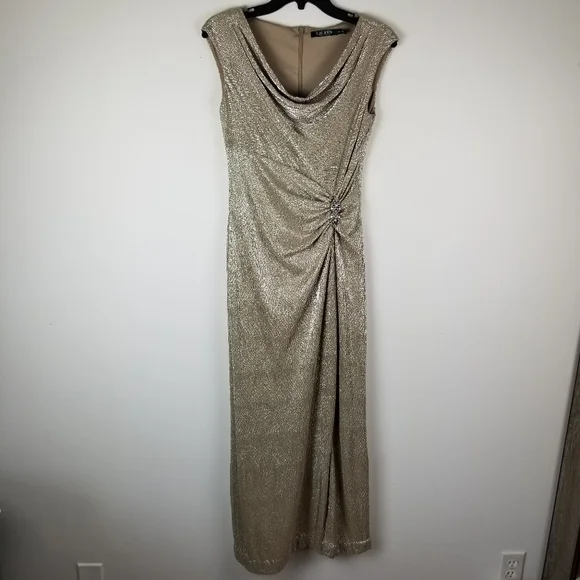 Lauren Ralph Lauren gold shimmer texture formal evening dress